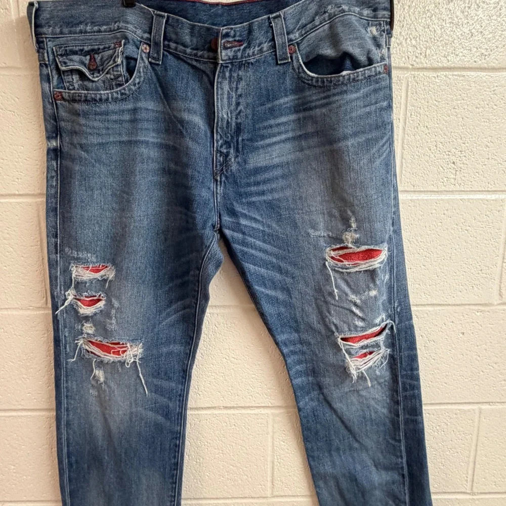 True Religion Mens Geno Distressed Jeans 42 Blue Red Backed Ripped Y2K Flap